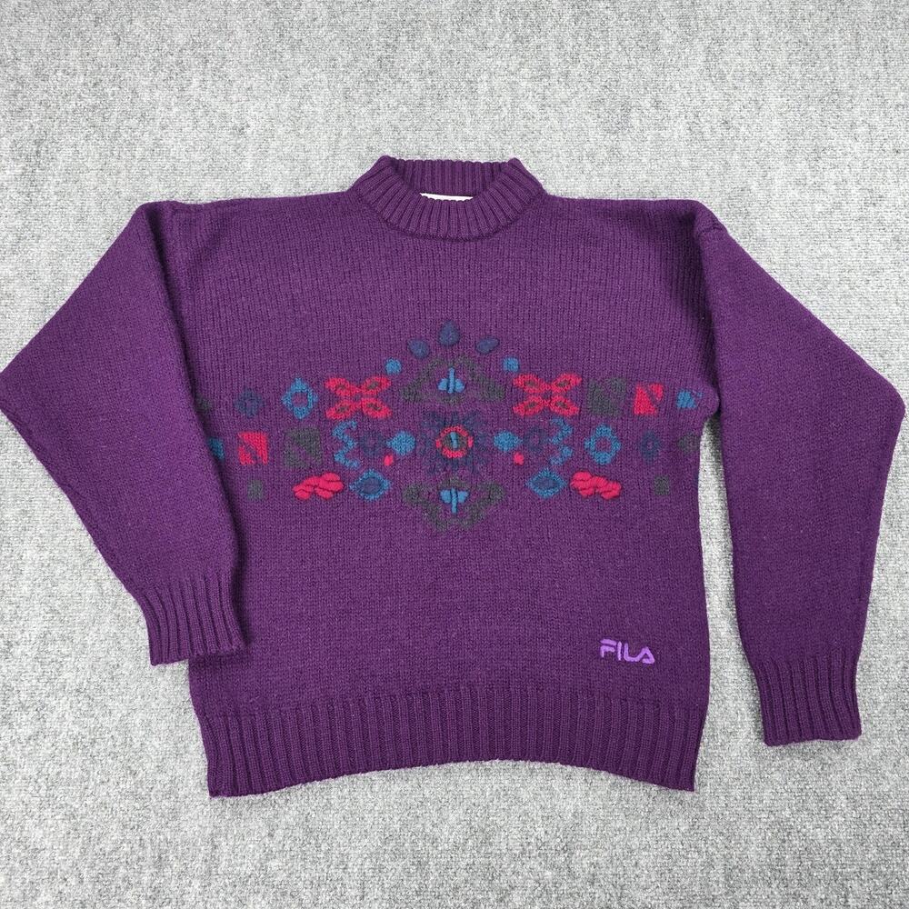 Vintage FILA Sweater Mens XL Purple Wool Mock Neck Geometric Knit Pullover